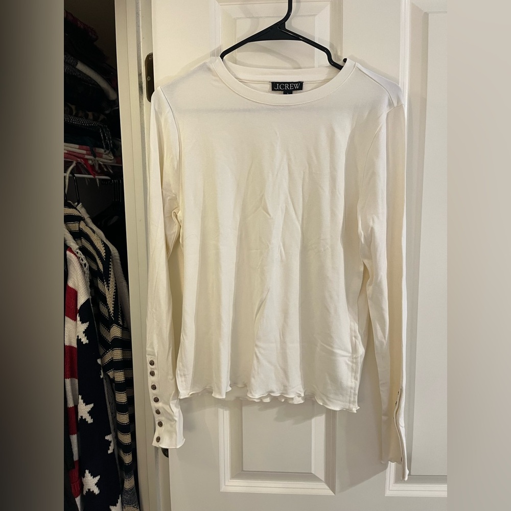J. Crew Ivory Long-Sleeve Crewneck Top with Button Cuffs - Picture 2 of 6